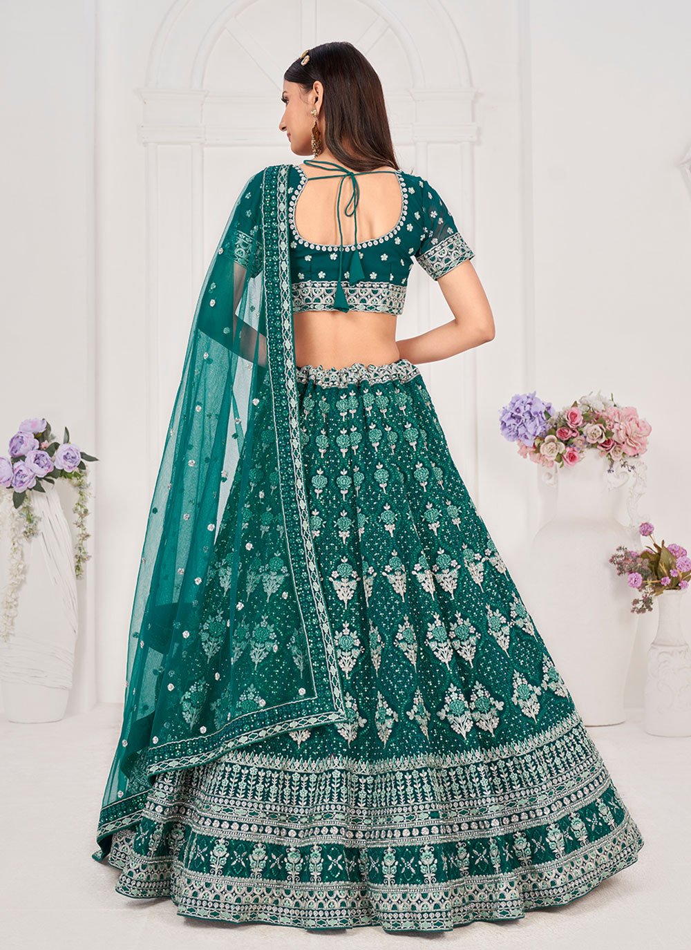 A Line Lehenga Georgette Teal Embroidered Lehenga Choli