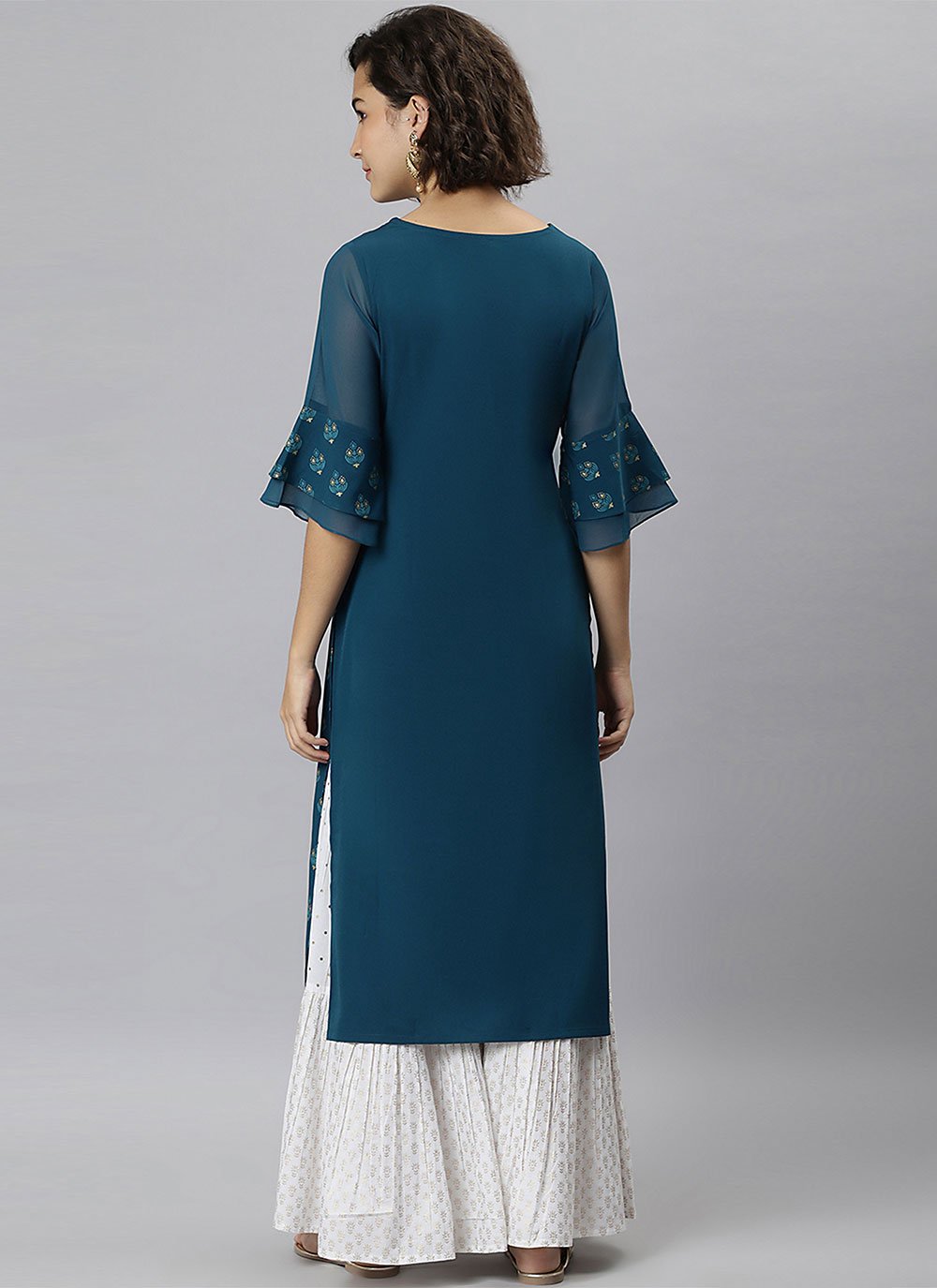 Party Wear Kurti Faux Crepe Teal Print Kurtis