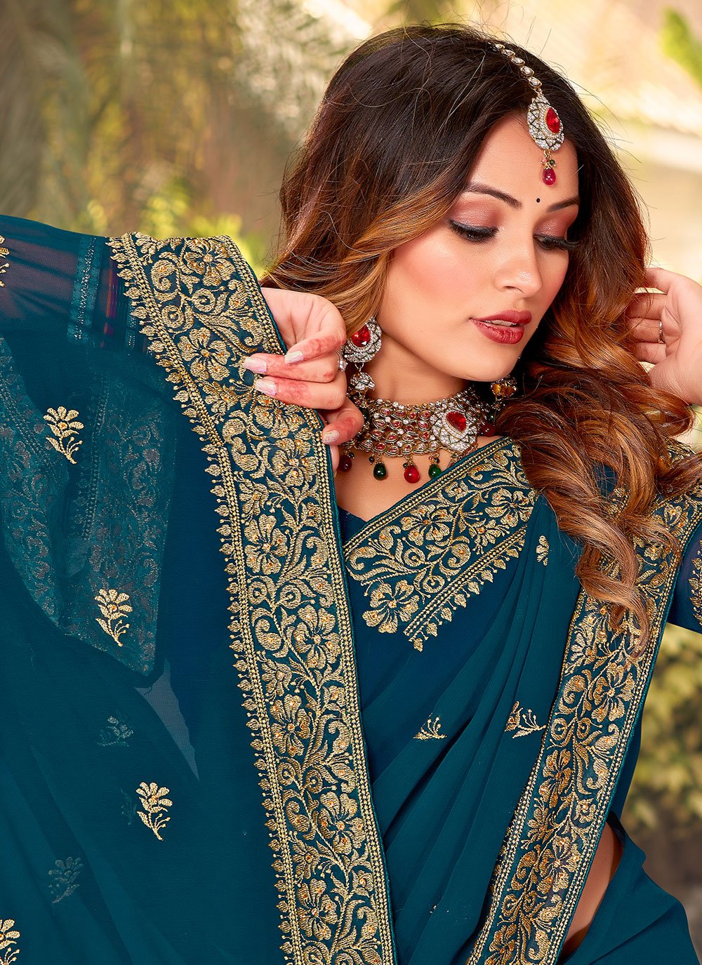 Trendy Saree Georgette Teal Embroidered Saree