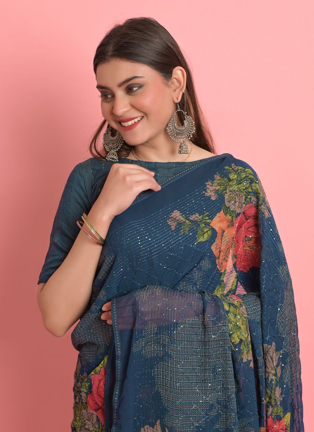 Designer Georgette Teal Floral Patch Saree