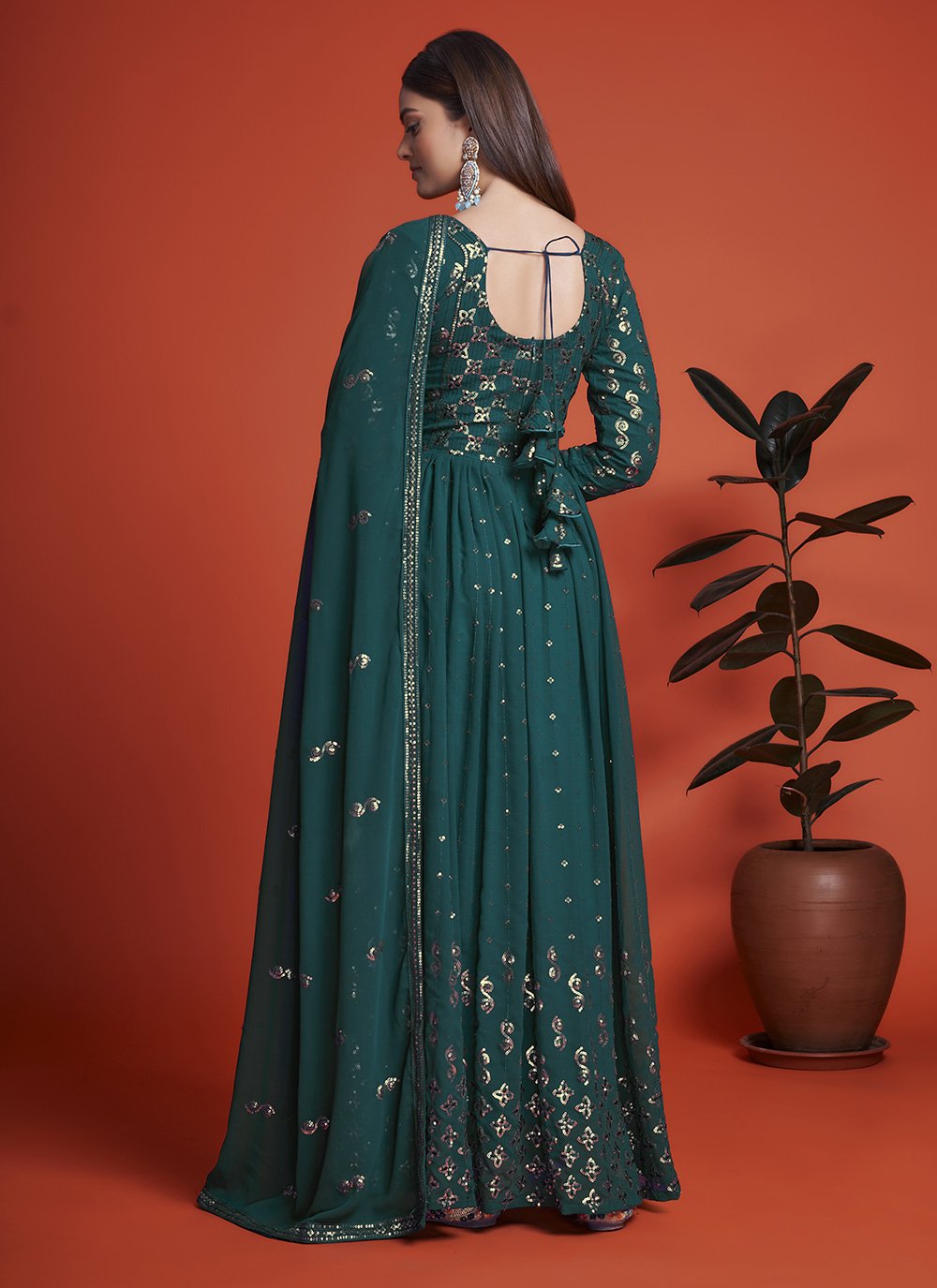 Designer Gown Georgette Teal Embroidered Gown