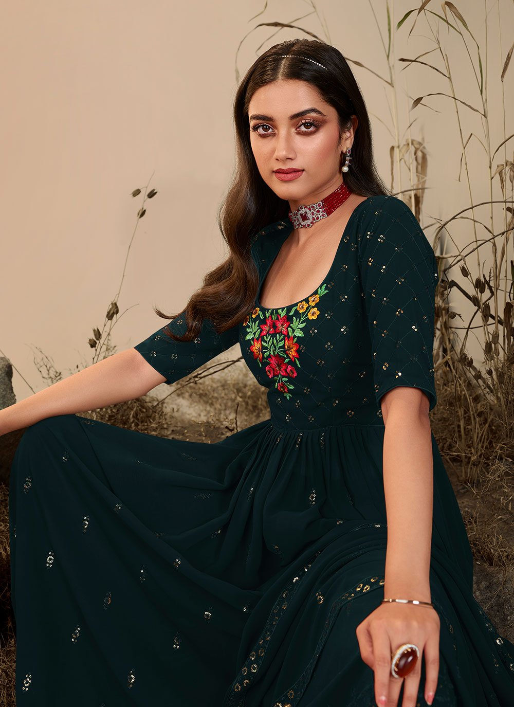 Palazzo Salwar Suit Georgette Teal Embroidered Salwar Kameez