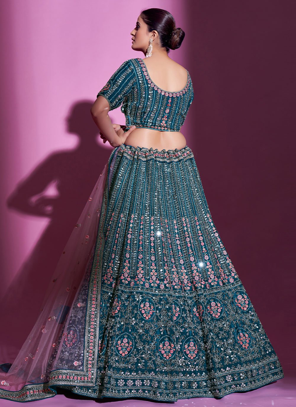 Lehenga Choli Faux Crepe Teal Mirror Lehenga Choli