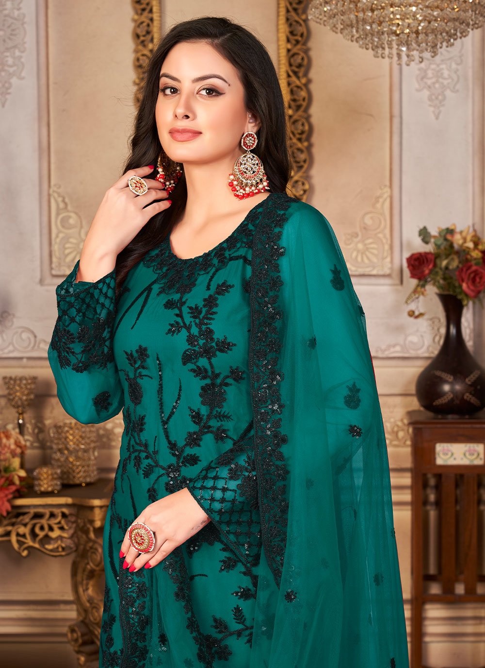 Salwar Suit Net Teal Embroidered Salwar Kameez