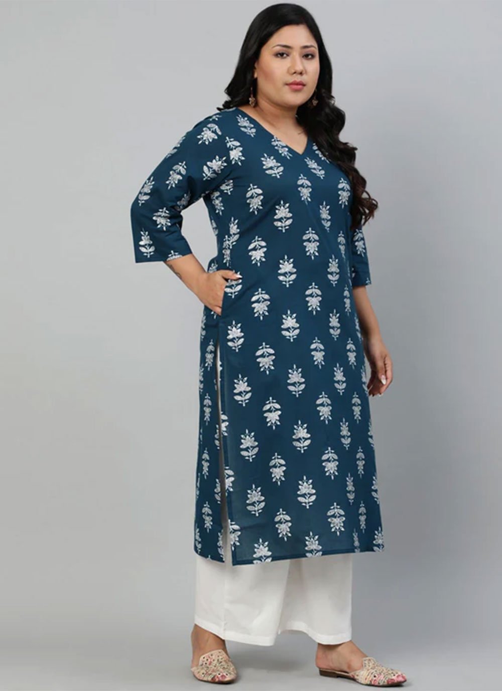 Party Wear Kurti Cotton Teal Print Kurtis