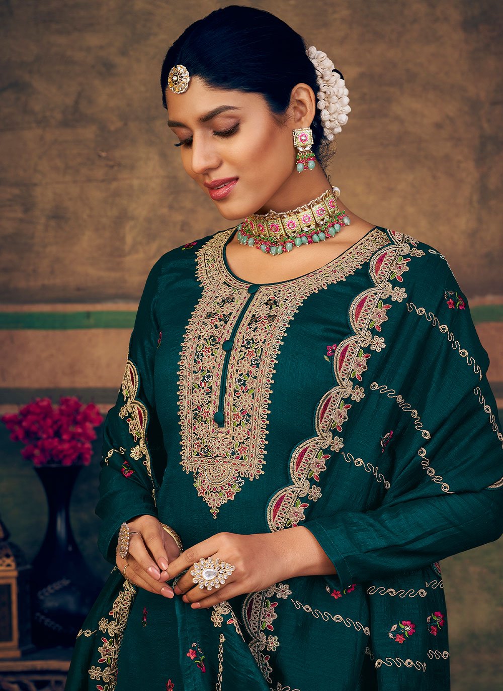 Salwar Suit Pure Silk Teal Cord Work Salwar Kameez