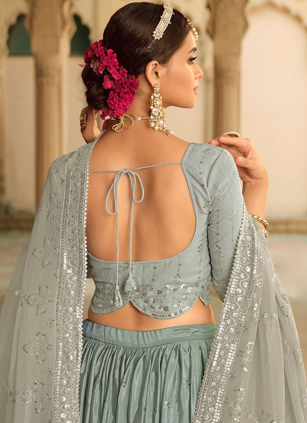 A Line Lehenga Silk Teal Embroidered Lehenga Choli