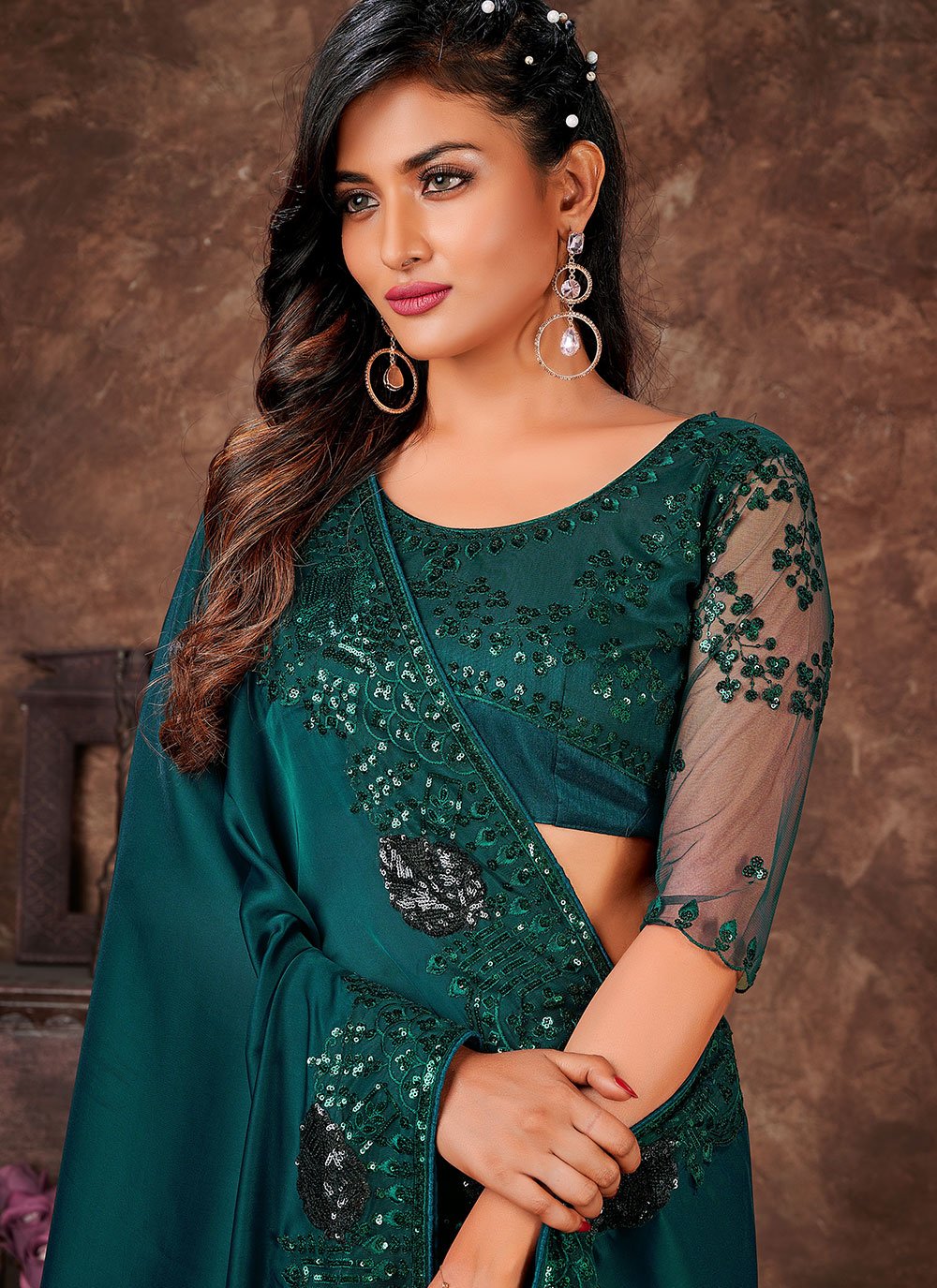 Contemporary Satin Silk Teal Embroidered Saree