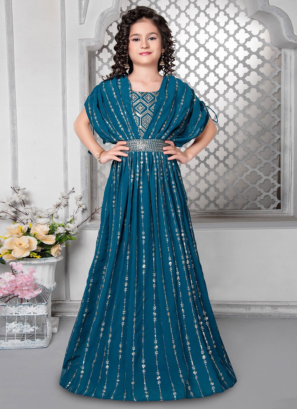Gown Faux Georgette Teal Embroidered Kids