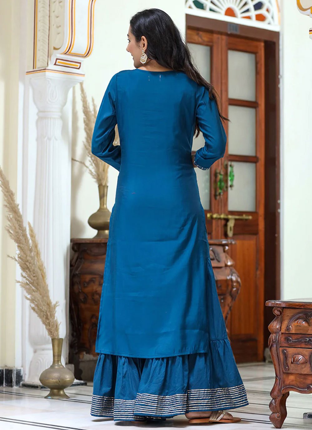 Palazzo Salwar Suit Silk Teal Embroidered Salwar Kameez