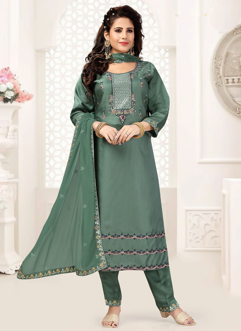 Salwar Suit Silk Teal Embroidered Salwar Kameez