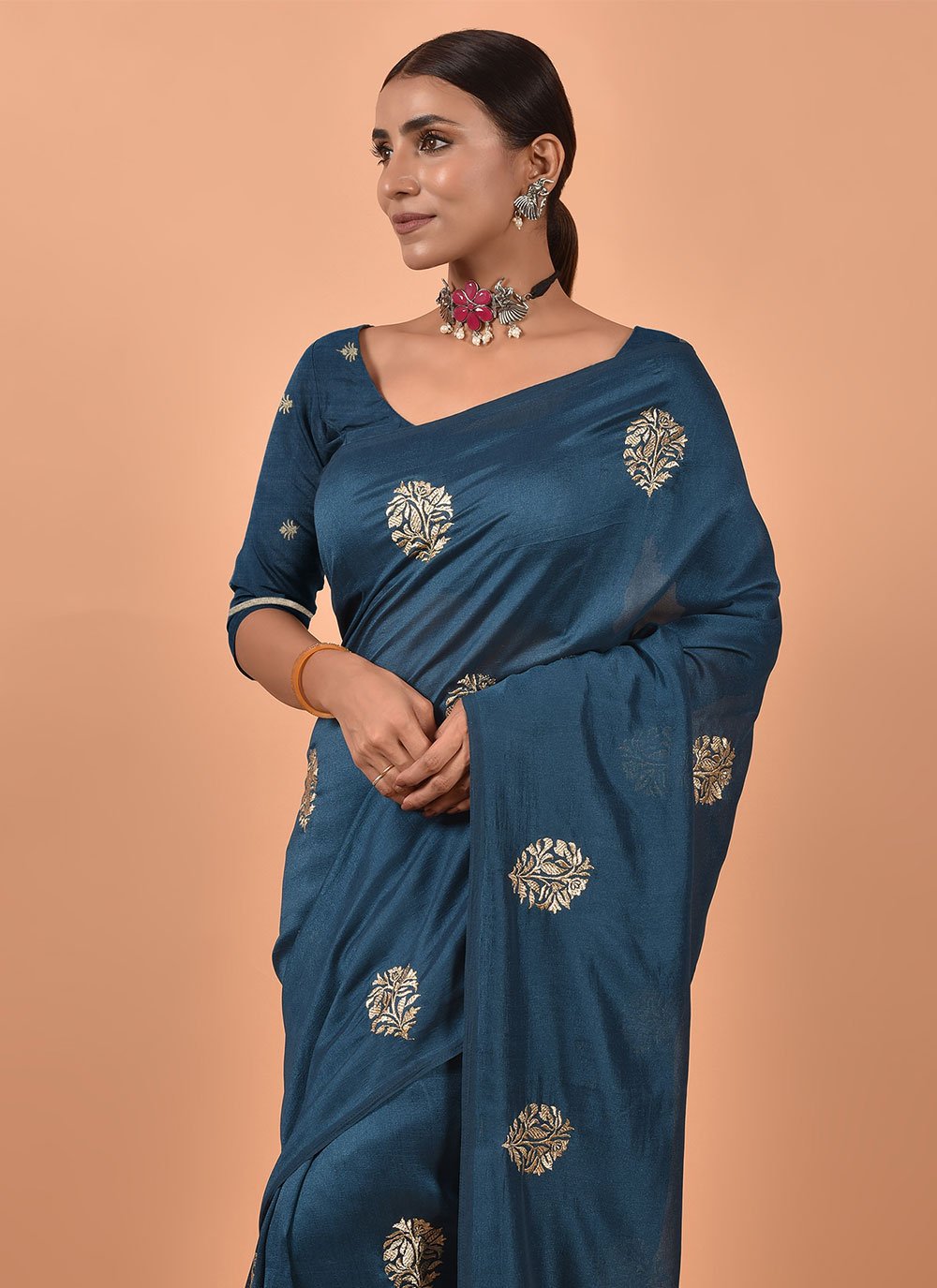 Trendy Saree Poly Silk Teal Embroidered Saree