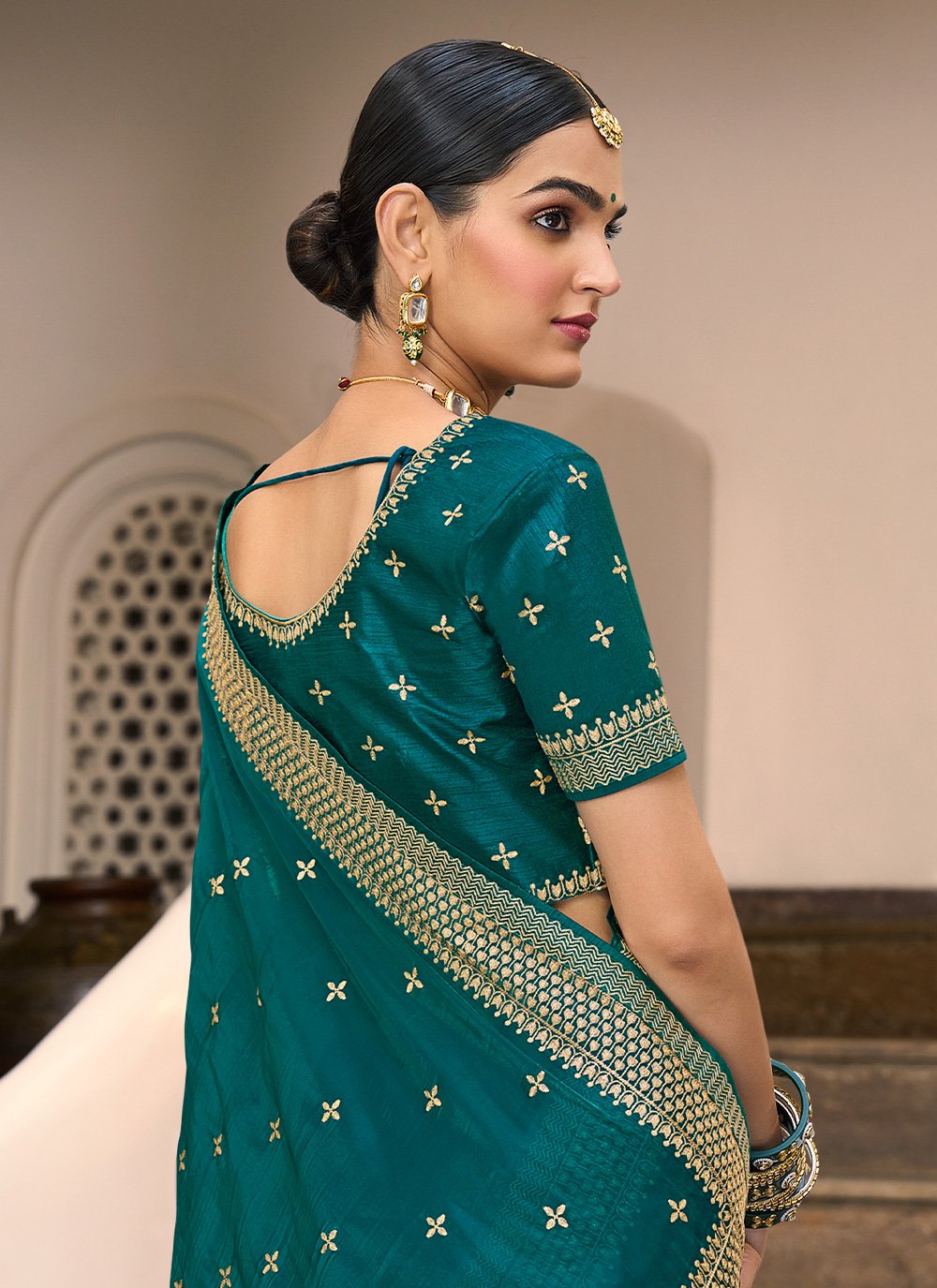 Contemporary Silk Teal Embroidered Saree