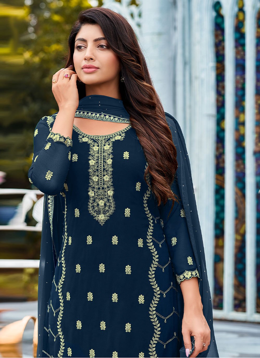 Pant Style Suit Faux Georgette Teal Embroidered Salwar Kameez