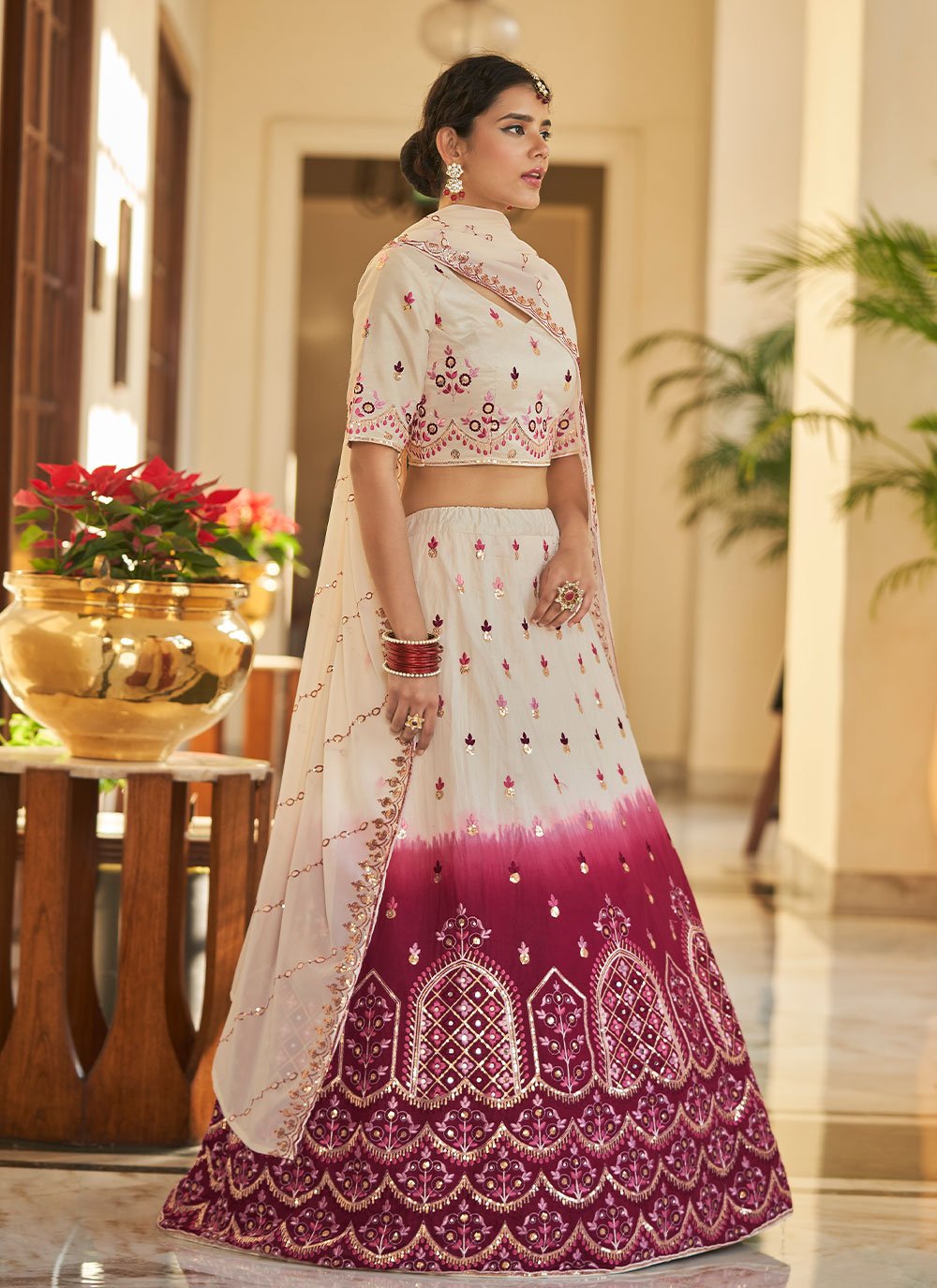Lehenga Choli Art Silk Off White Wine Embroidered Lehenga Choli
