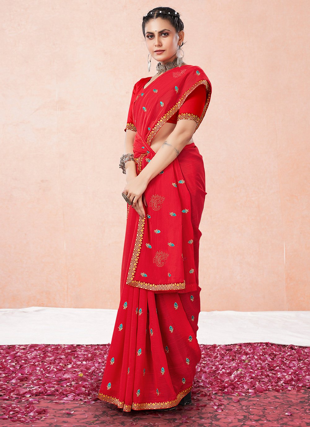 Classic Georgette Red Embroidered Saree