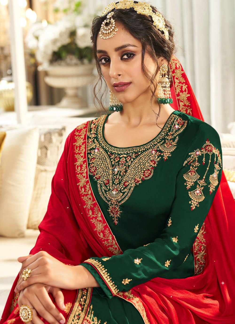 A Line Lehenga Georgette Satin Green Embroidered Lehenga Choli