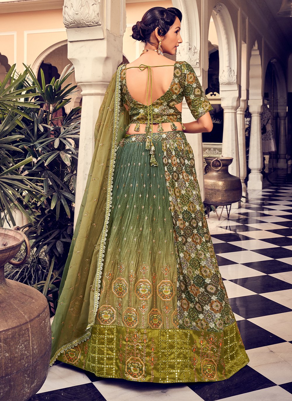 Lehenga Choli Silk Green Sequins Lehenga Choli