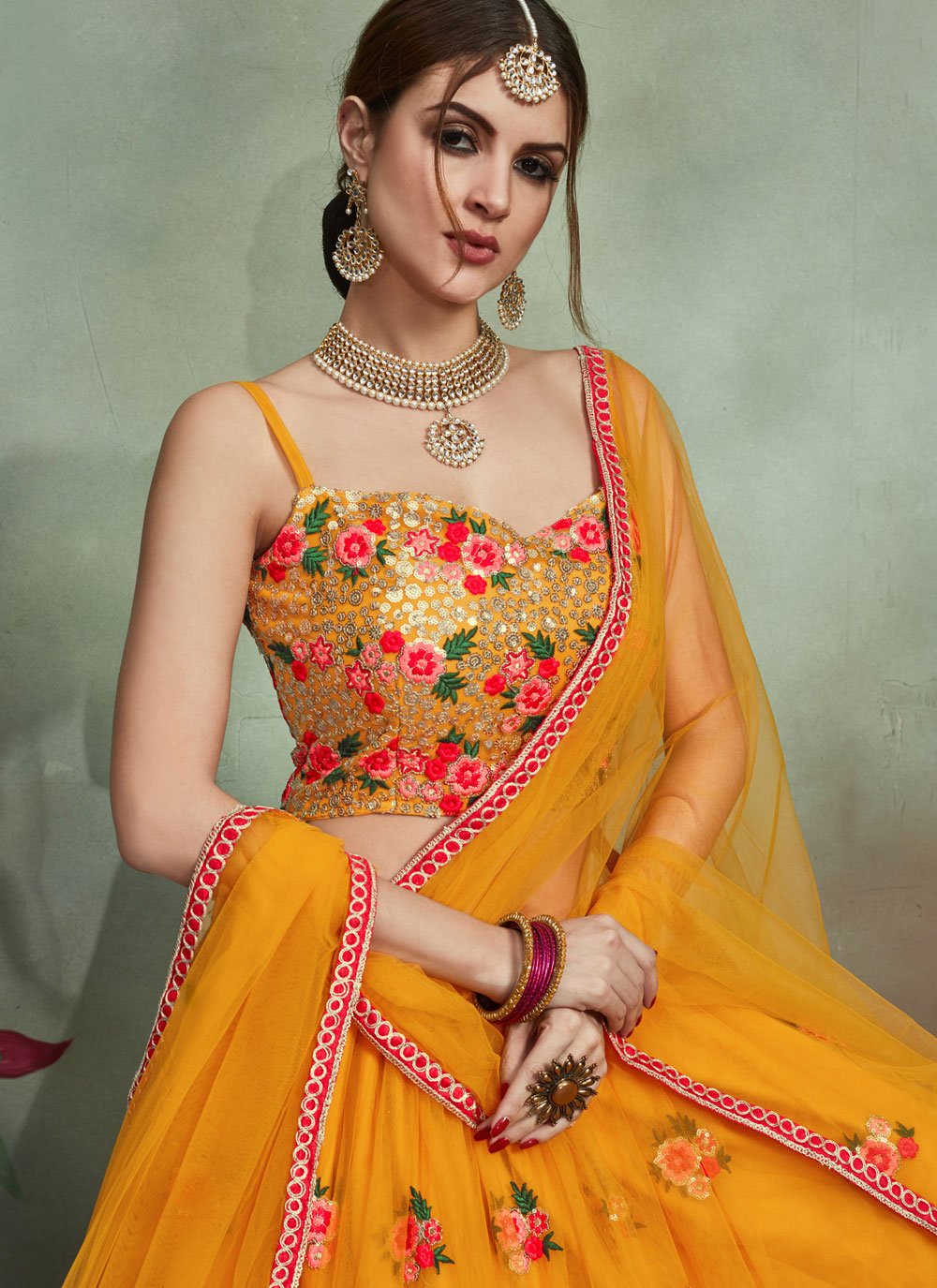 A Line Lehenga Net Yellow Embroidered Lehenga Choli