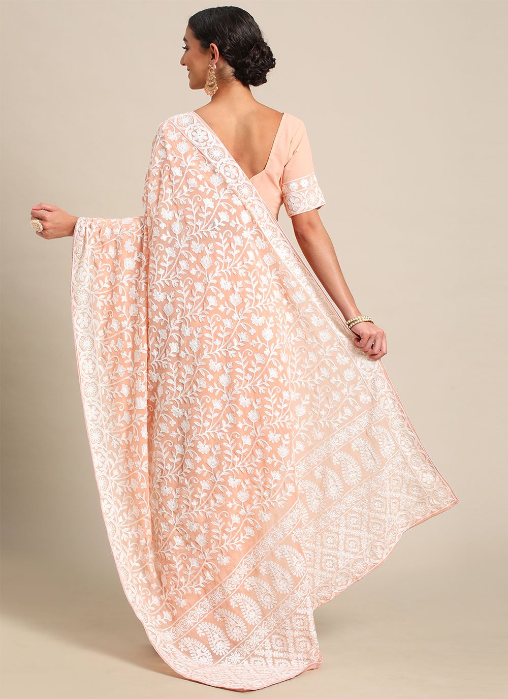 Classic Georgette Orange Embroidered Saree