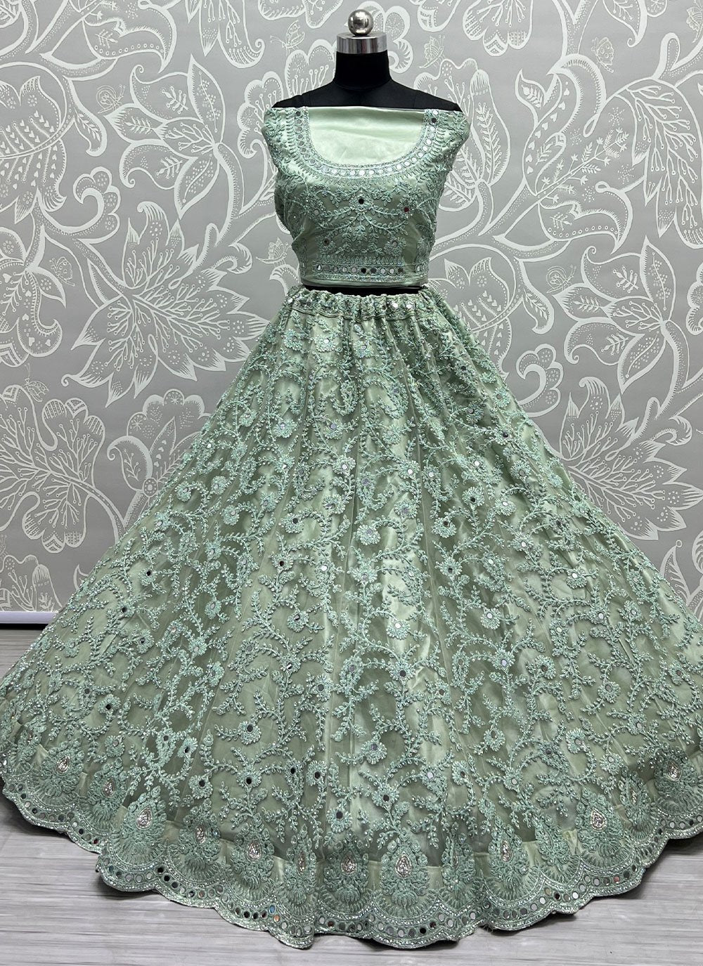 A Line Lehenga Net Green Diamond Lehenga Choli