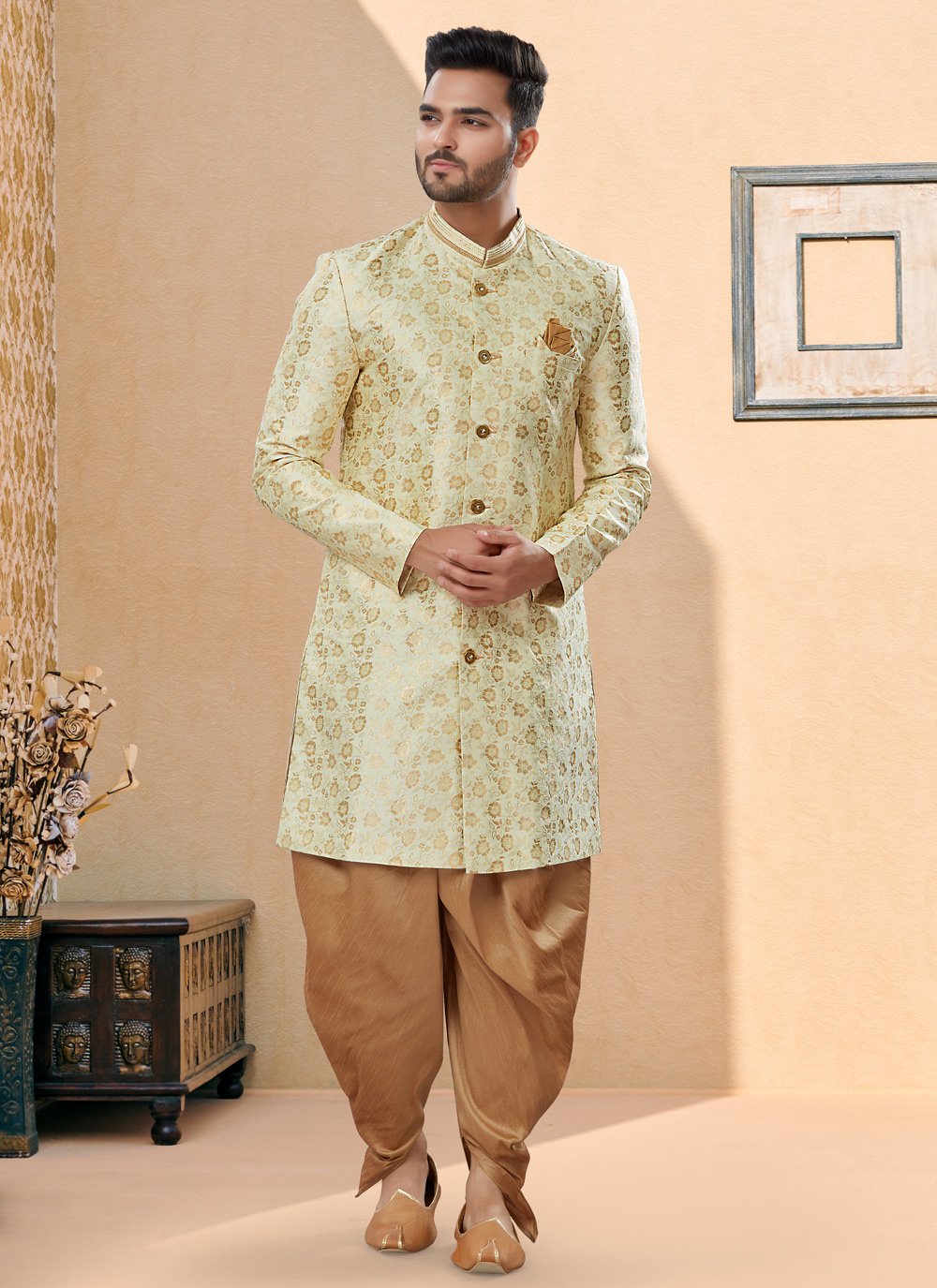 Indo Western Sherwani Banarasi Jacquard Cream Thread Mens