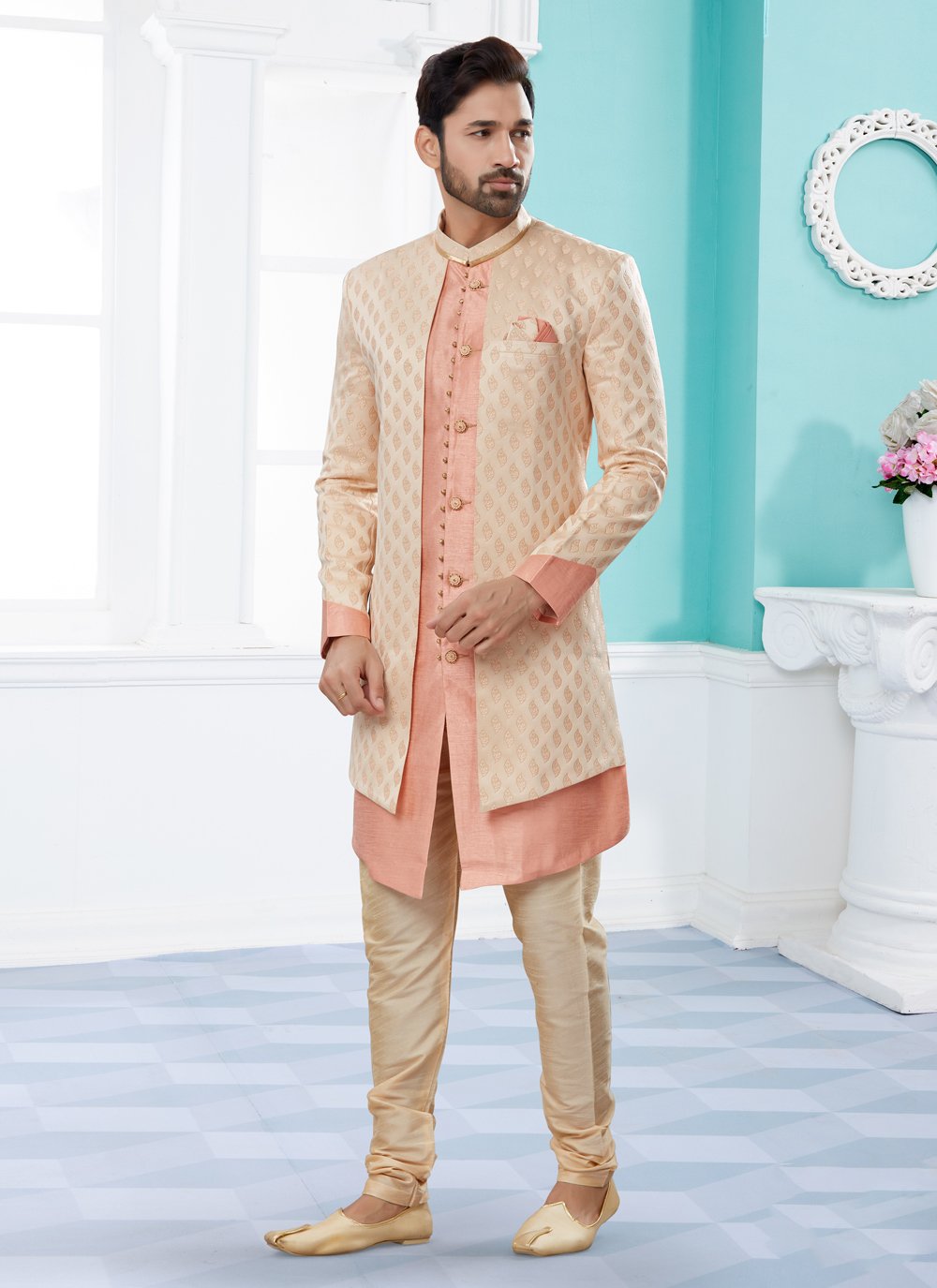 Indo Western Sherwani Banarasi Jacquard Cream Peach Thread Mens
