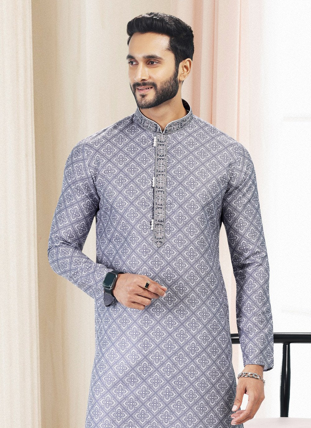Kurta Pyjama Cotton Grey Fancy Work Mens