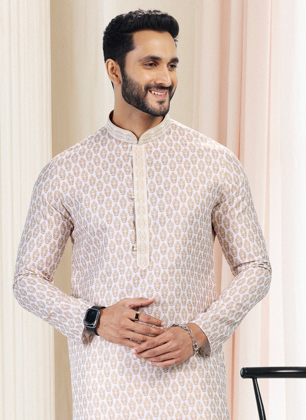 Kurta Pyjama Cotton Off White Fancy Work Mens