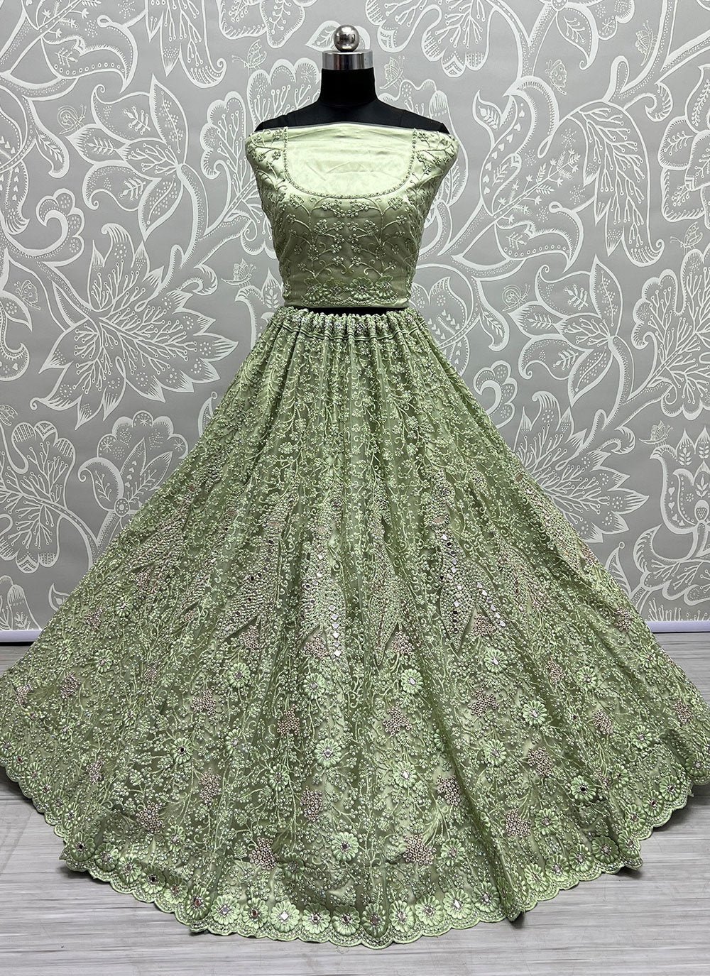 Lehenga Choli Net Green Diamond Lehenga Choli