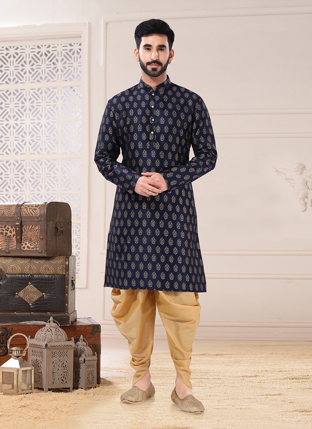 Dhoti Kurta Jacquard Blue Thread Mens
