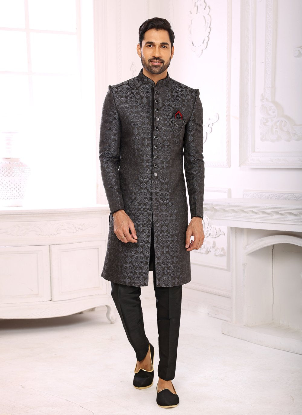 Indo Western Imported Jacquard Grey Embroidered Mens