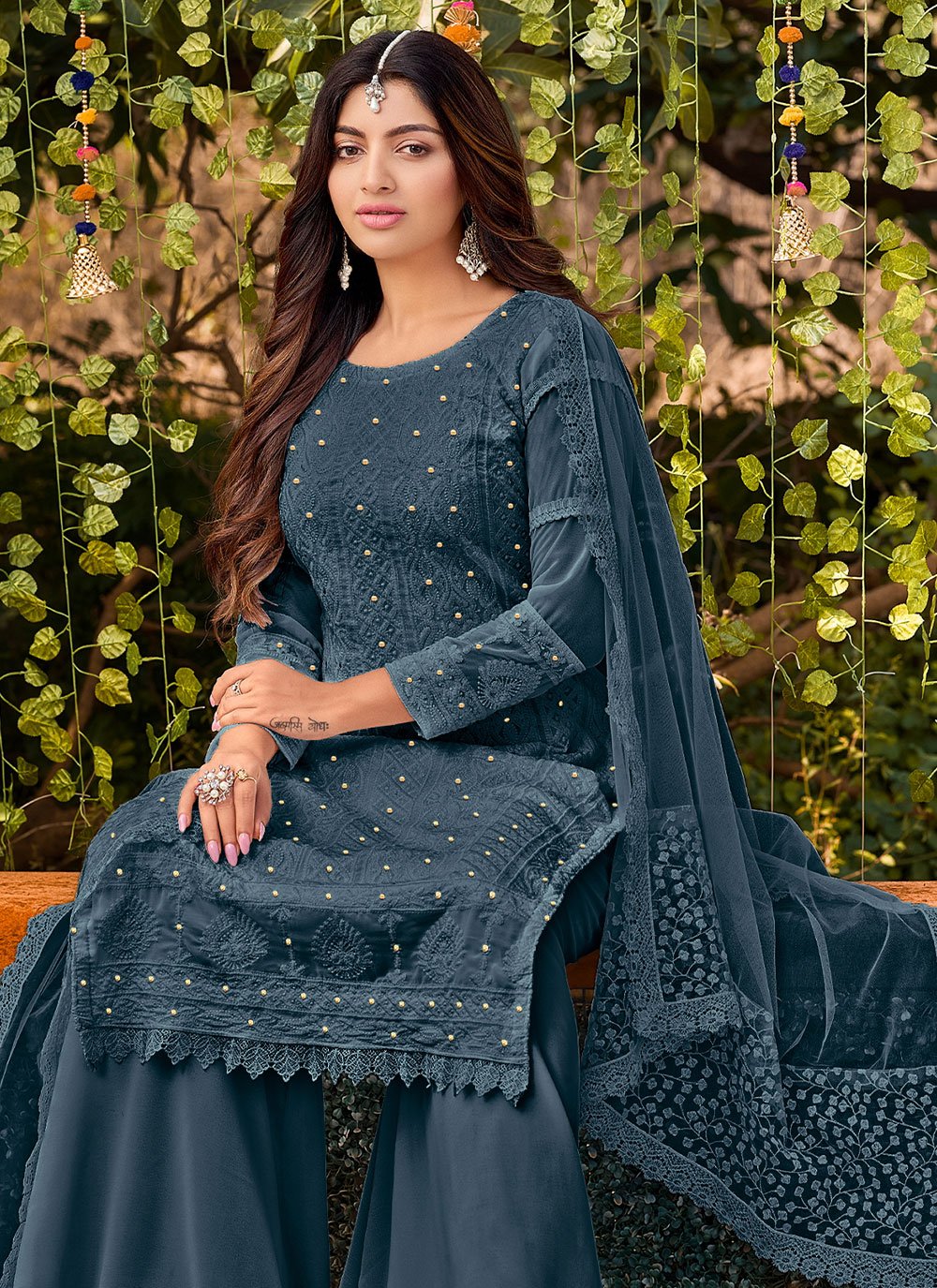 Palazzo Salwar Suit Cotton Faux Georgette Blue Embroidered Salwar Kameez