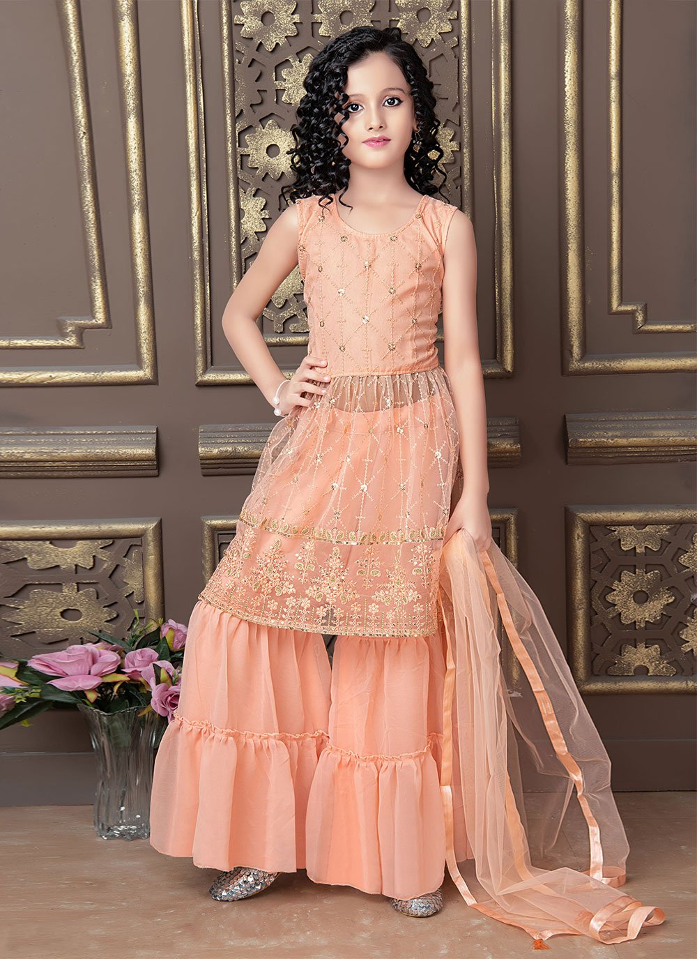 Salwar Suit Net Peach Embroidered Kids