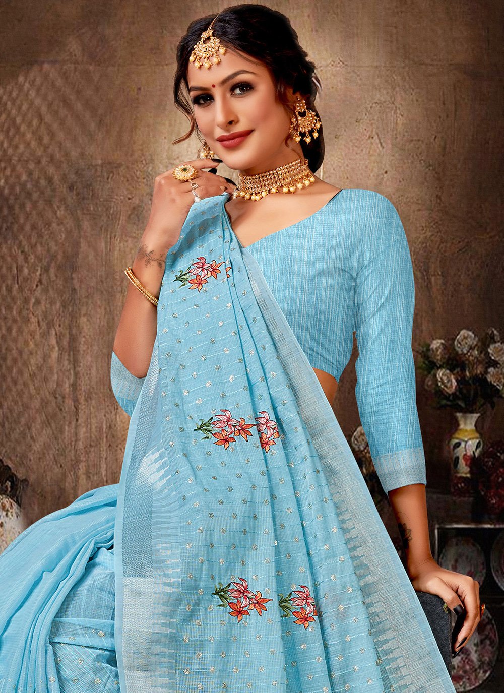 Classic Linen Tissue Aqua Blue Embroidered Saree