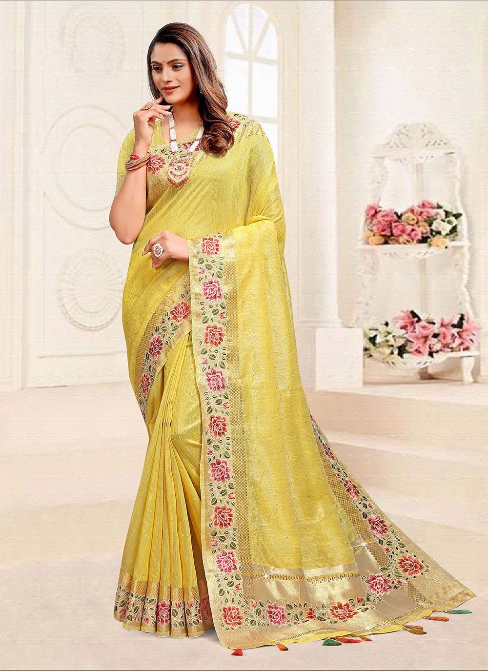 Designer Linen Tissue Yellow Floral Patch Saree