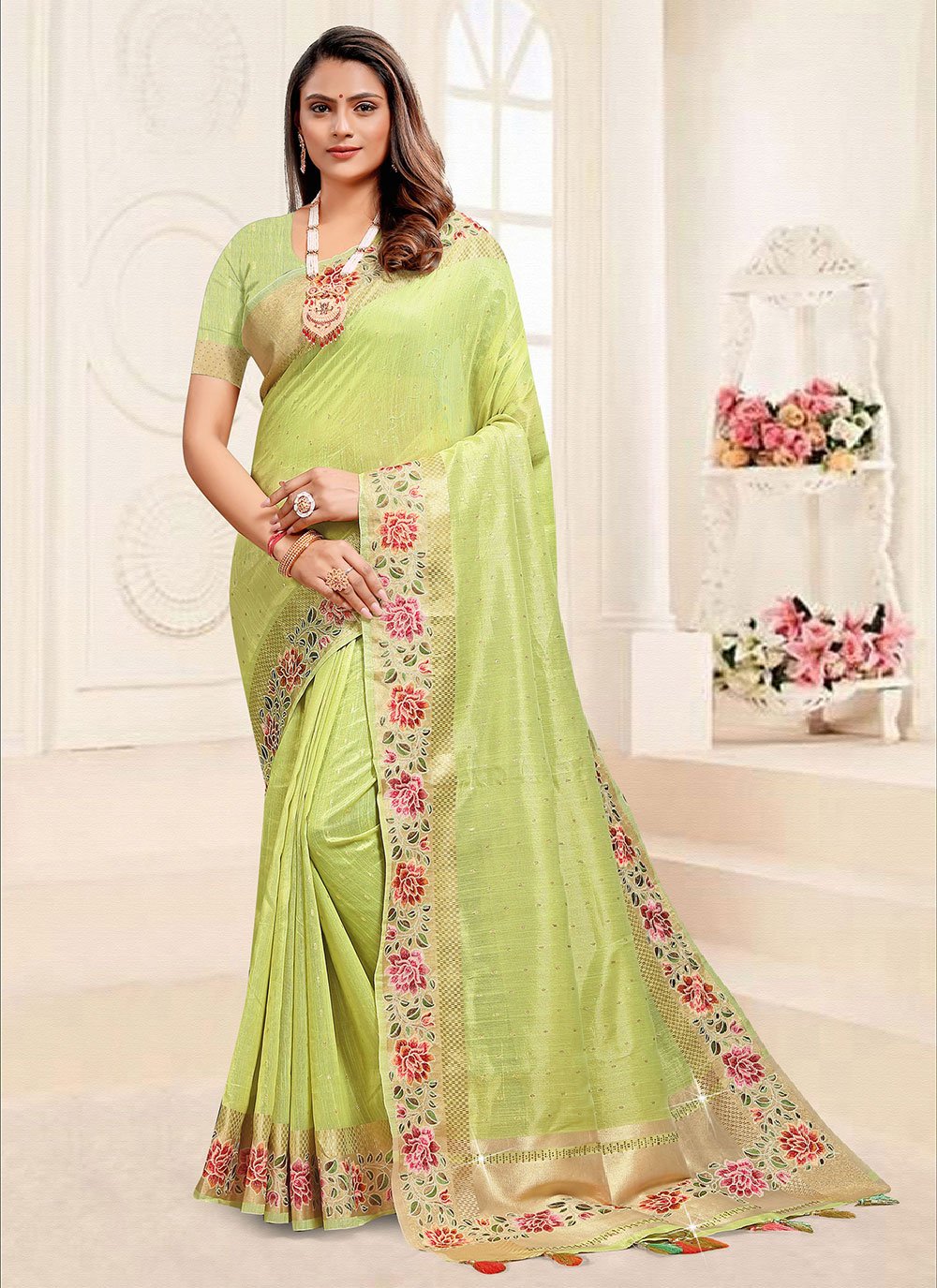 Classic Linen Tissue Green Floral Patch Saree
