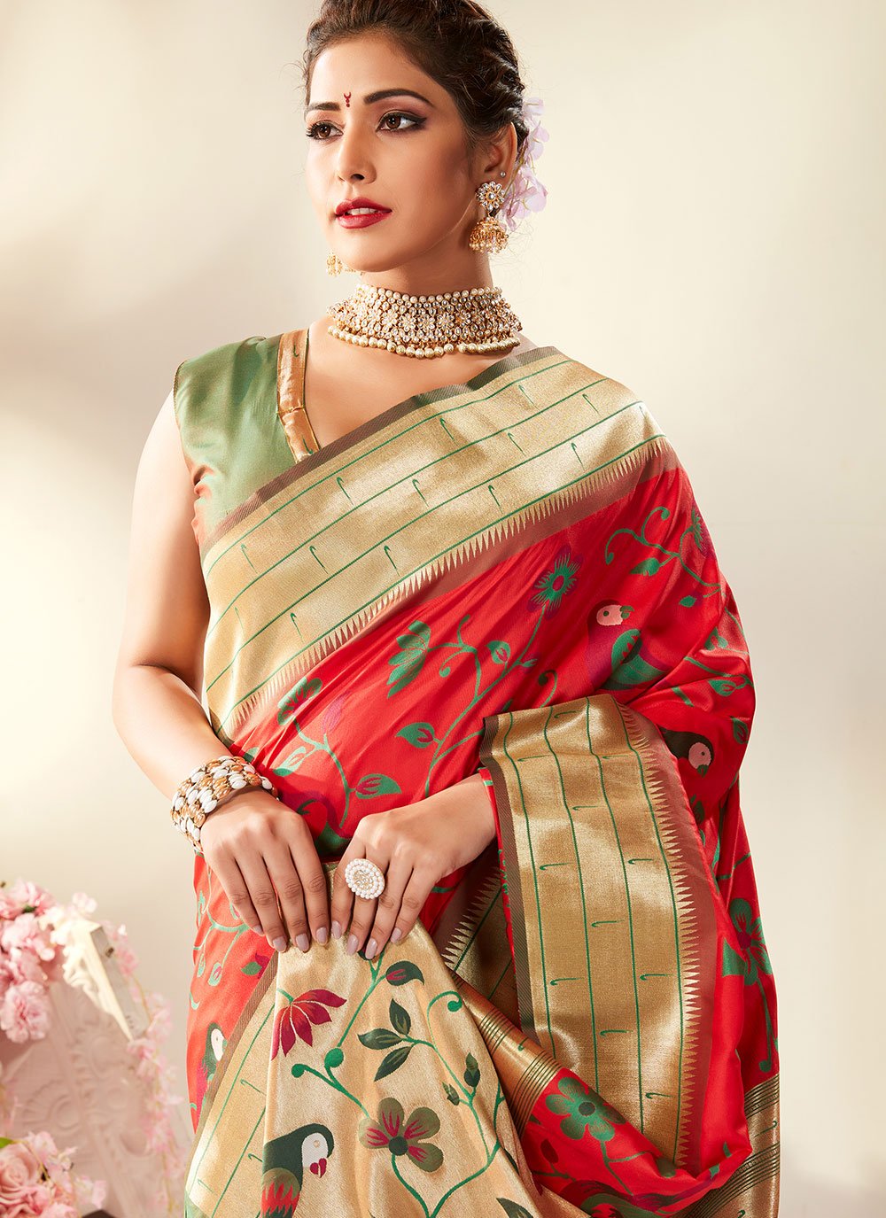 Traditional Saree Pure Silk Gold Red Meenakari Saree