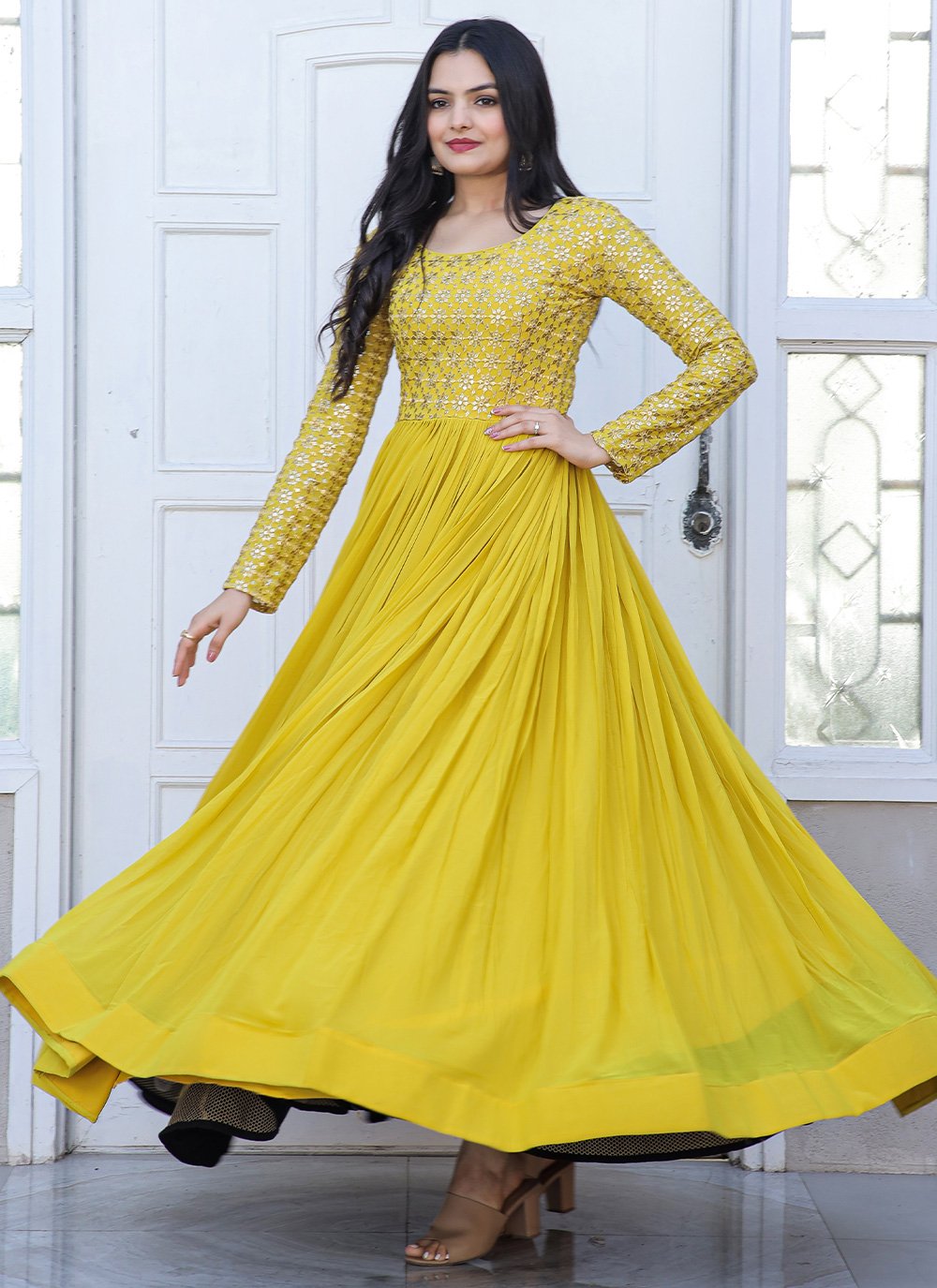 Gown Faux Georgette Yellow Embroidered Gown
