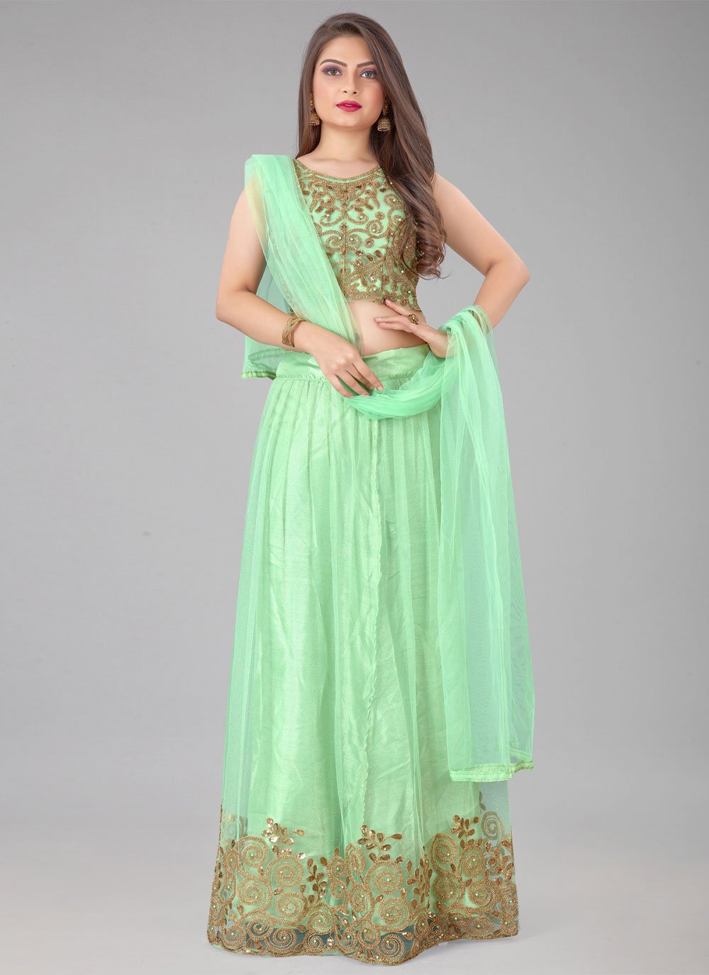 Lehenga Choli Net Nylon Green Embroidered Lehenga Choli