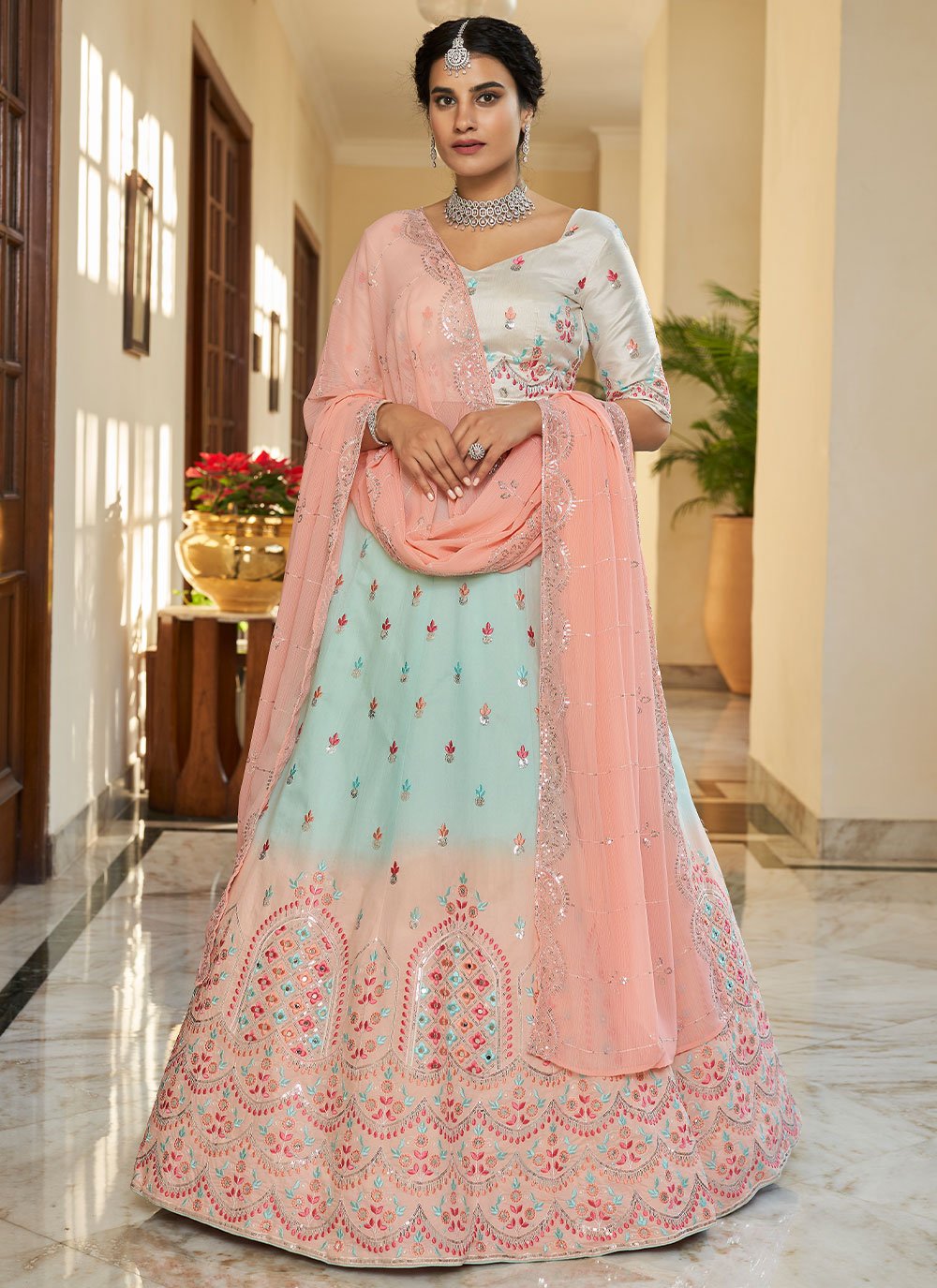 Lehenga Choli Art Silk Aqua Blue Peach Embroidered Lehenga Choli