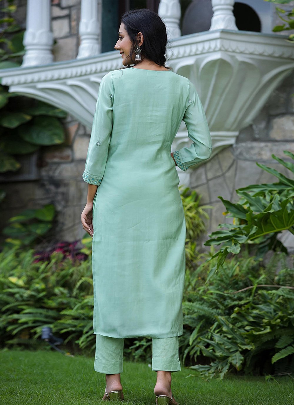 Salwar Suit Silk Sea Green Embroidered Salwar Kameez