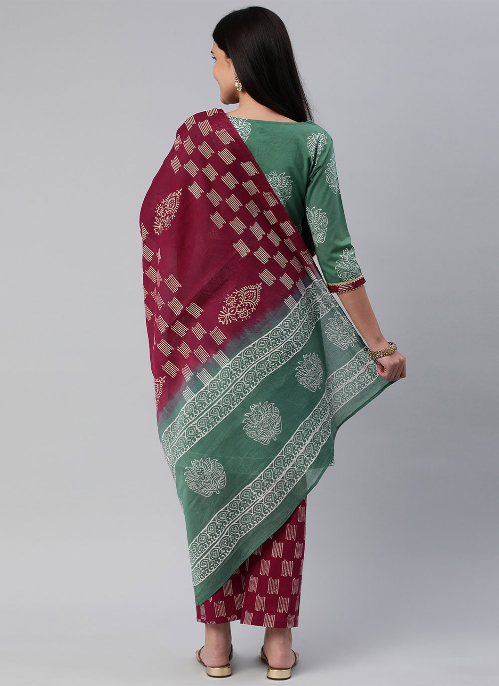 Salwar Suit Cotton Green Magenta Block Print Salwar Kameez
