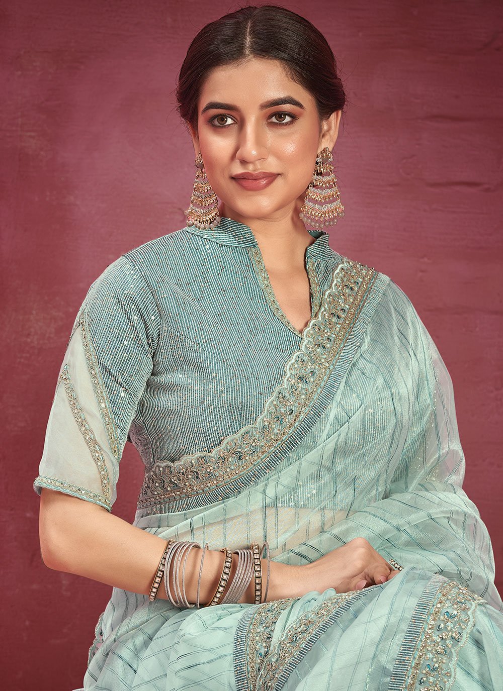 Trendy Saree Jacquard Organza Sea Green Embroidered Saree