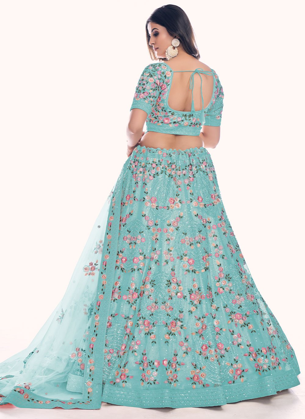 A Line Lehenga Net Turquoise Dori Work Lehenga Choli