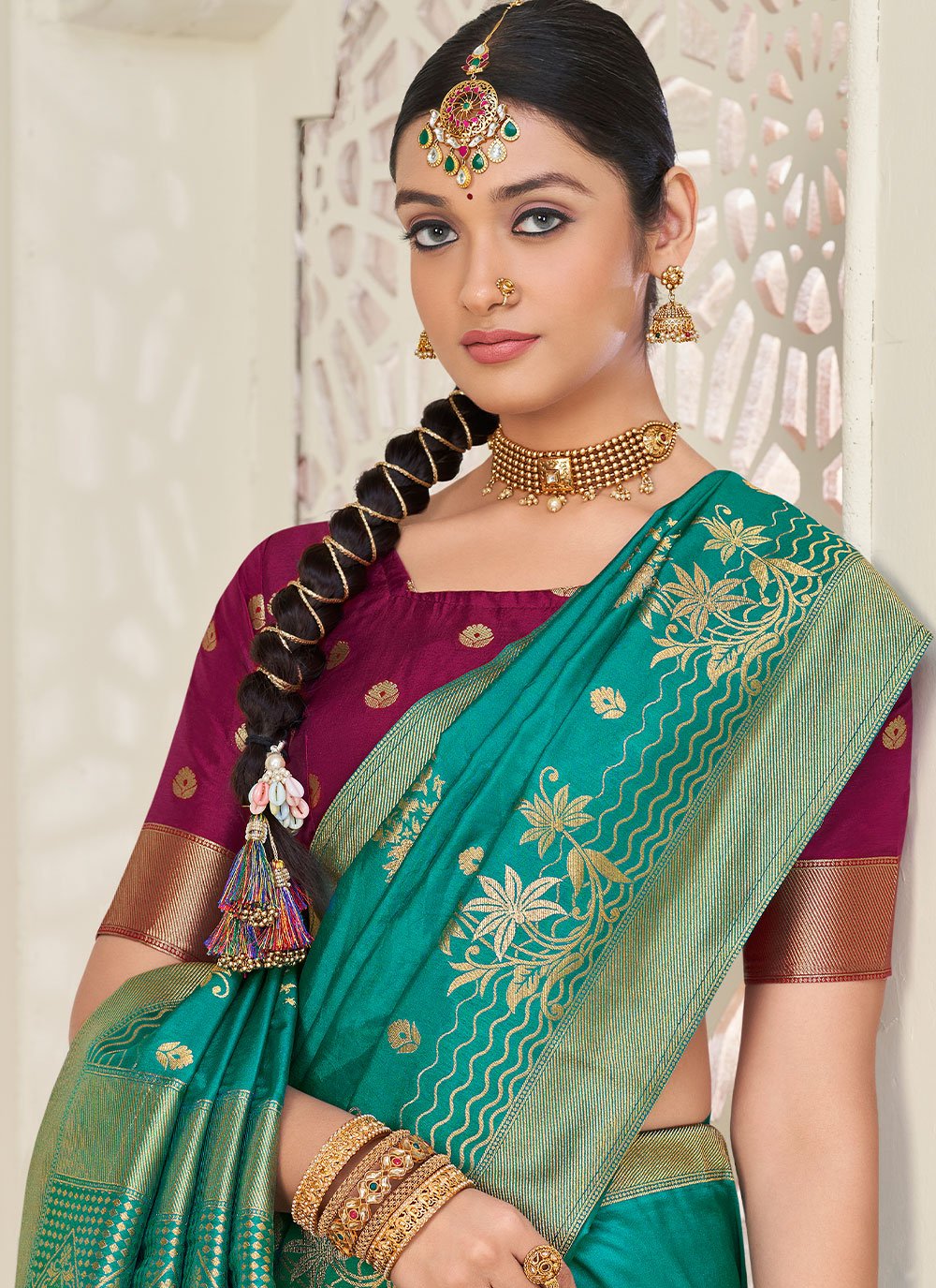 Contemporary Silk Turquoise Weaving Saree