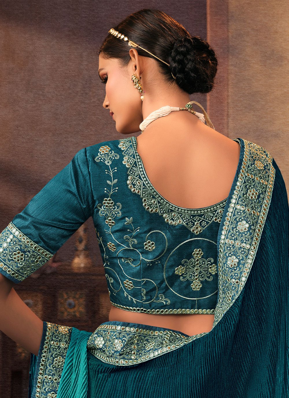 A Line Lehenga Chinon Turquoise Embroidered Lehenga Choli