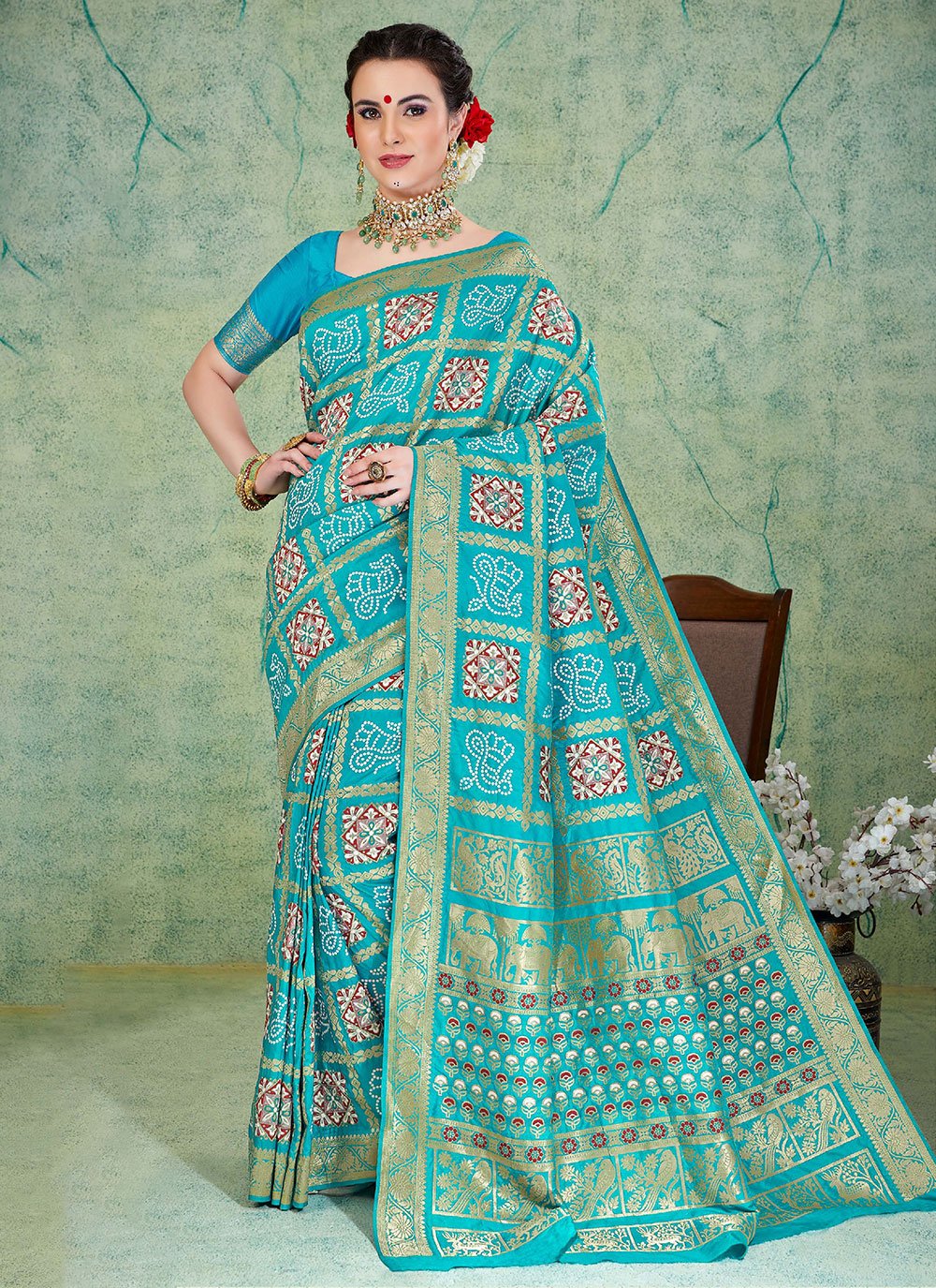 Contemporary Art Silk Turquoise Weaving Saree