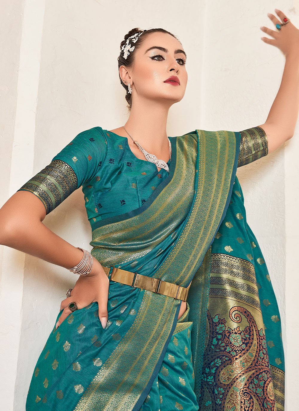 Contemporary Banarasi Silk Cotton Turquoise Woven Saree