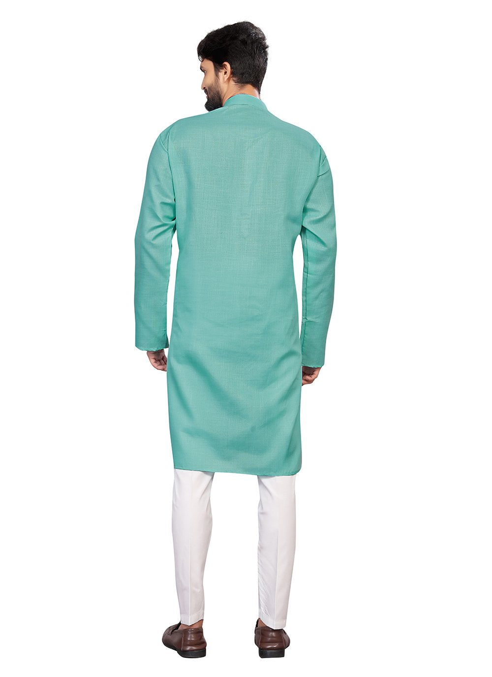 Kurta Pyjama Cotton Turquoise Plain Mens